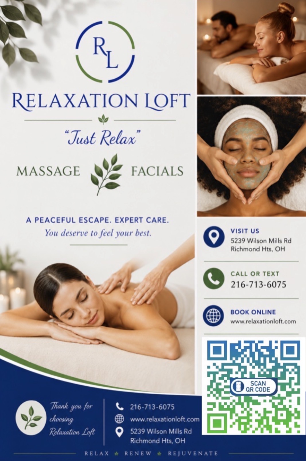 Relaxation Loft logo, massage and facial services, contact info, QR code, and a woman receiving a massage.