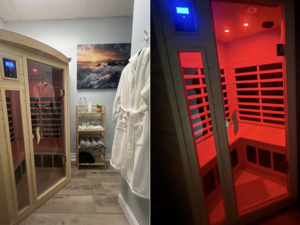 Two images of a sauna room, one with a person in a robe and the other showing the interior with red lighting.