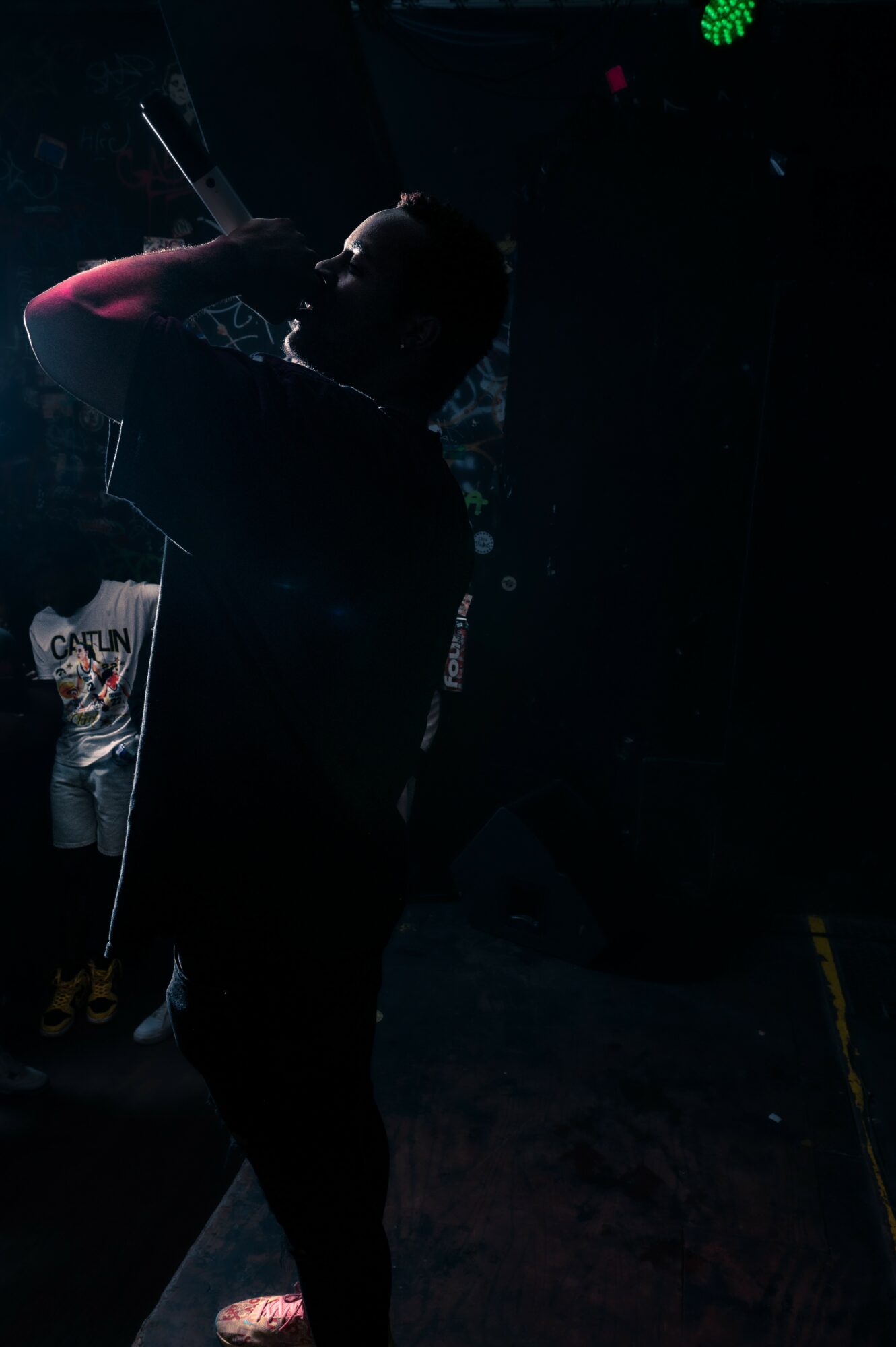 Person holding microphone on stage with dark background, stage lights, and audience visible, silhouette effect.