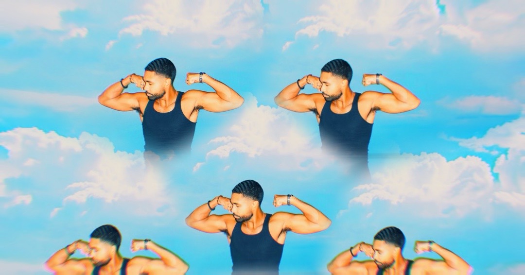Four identical images of a person flexing arms against a sky with clouds, arranged in a grid.
