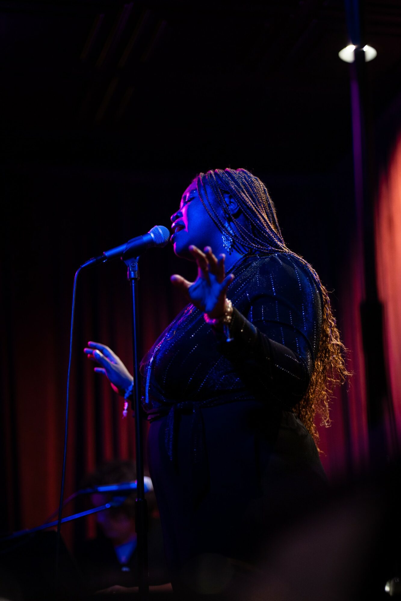 A woman with long braided hair sings into a microphone on stage, with her hands raised, under stage lighting.