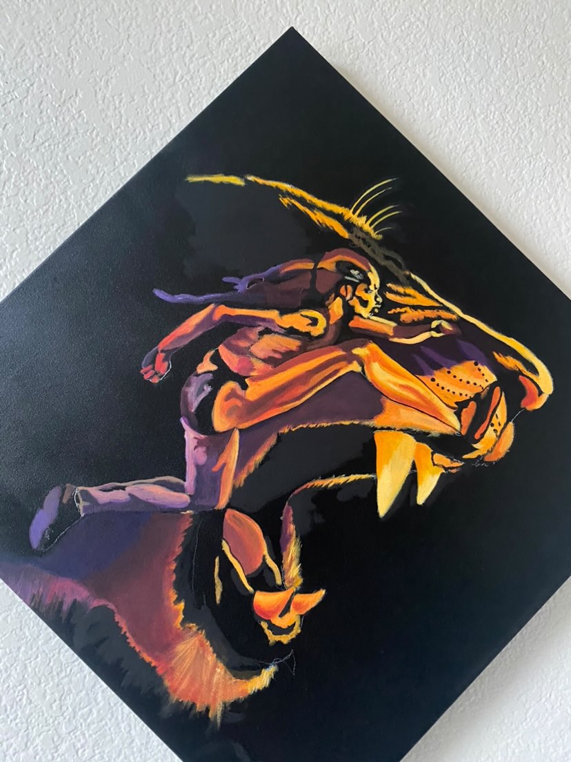 Colorful painting of a person with dreadlocks playing a guitar, on a black background.