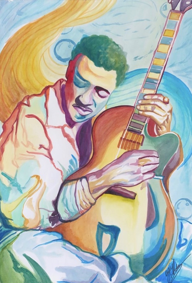 Person with curly hair playing an acoustic guitar, with colorful background and flowing lines.