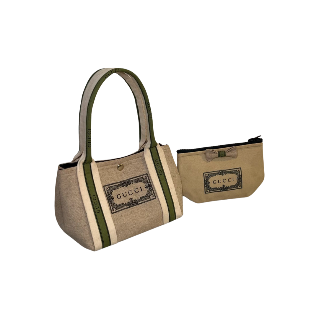 Two beige Gucci bags with green and white stripes, one larger handbag and one smaller pouch, both with Gucci labels.