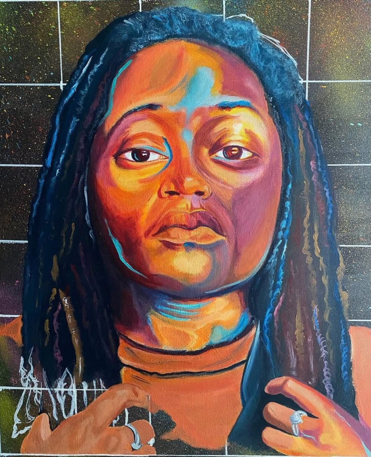 Portrait of a woman with long dreadlocks, painted with vibrant colors, against a dark tiled background.