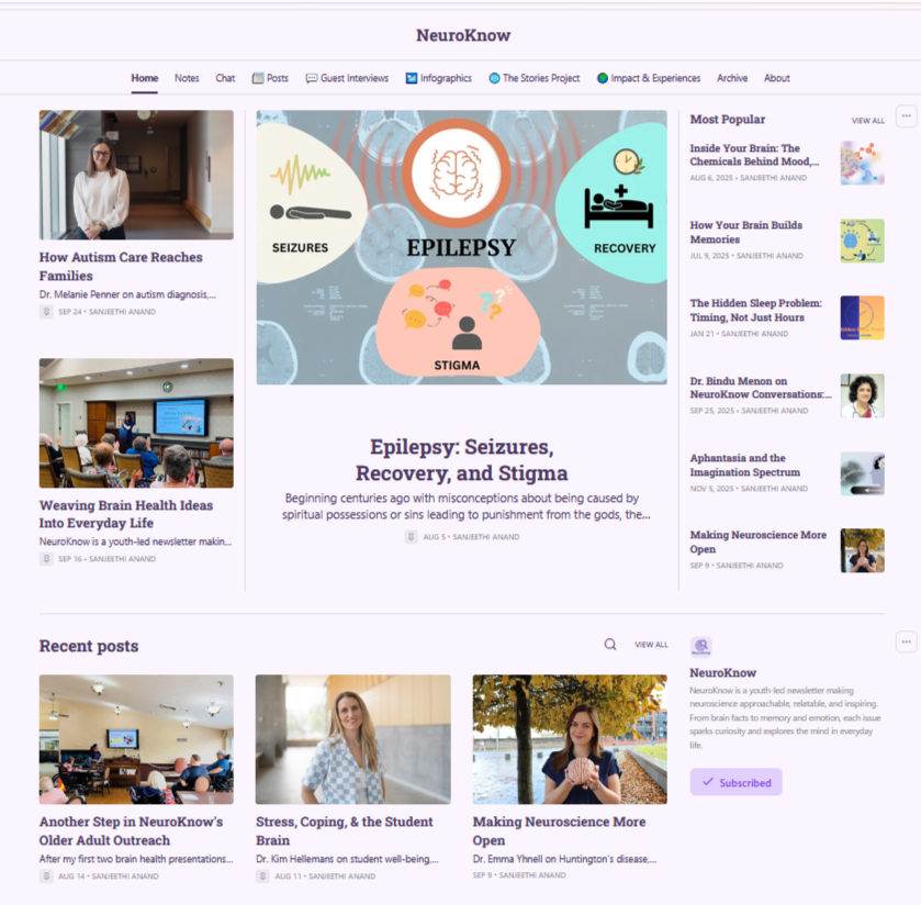 Webpage about epilepsy with diagrams of seizures, recovery, and stigma, and articles on health and recent posts.