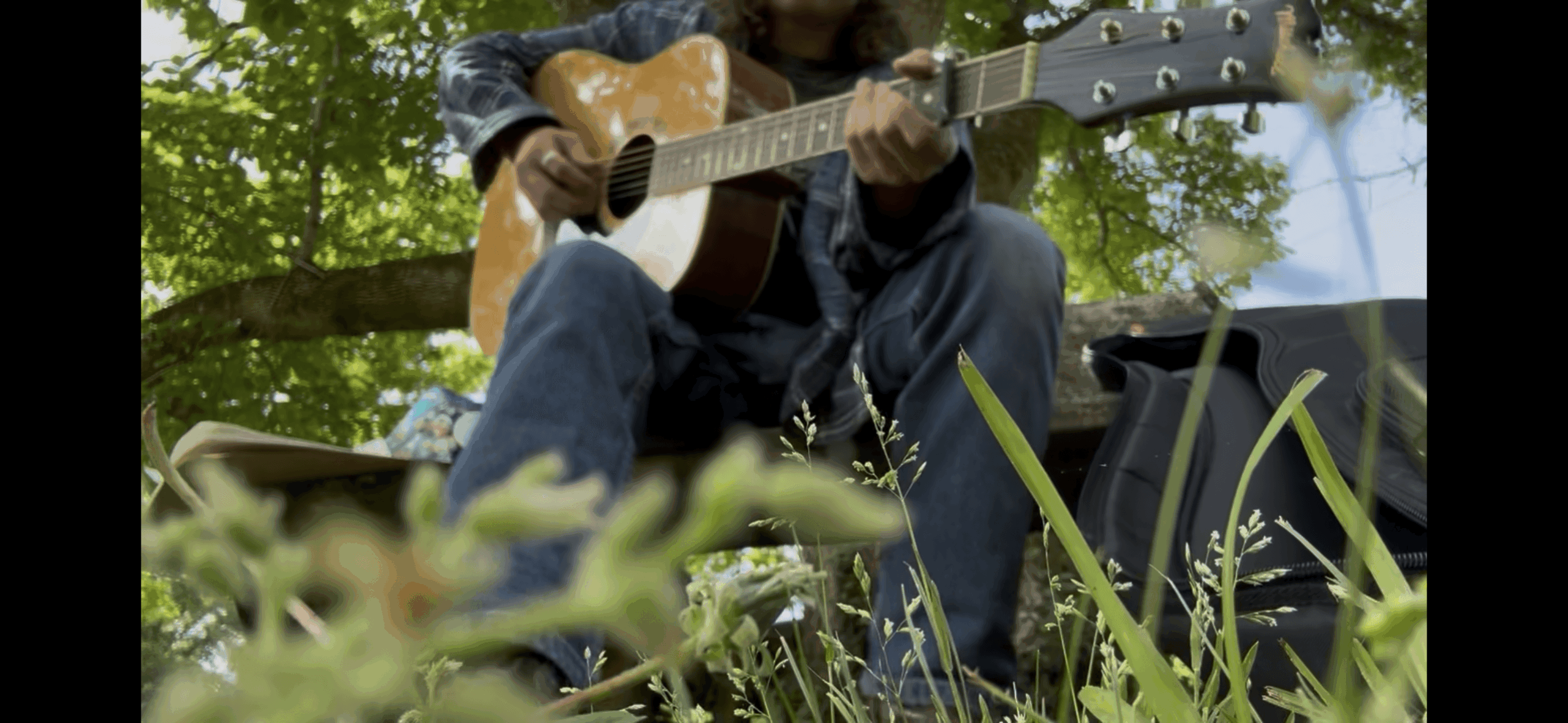 Person playing guitar outdoors with trees and grass, sitting on the ground, focus on the instrument and surroundings.