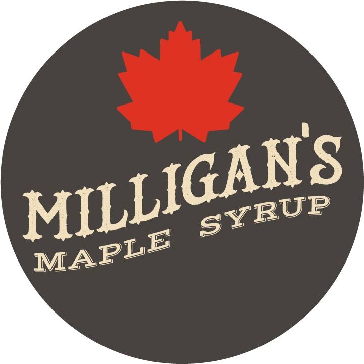 Logo with a red maple leaf and text reading 'Milligan's Maple Syrup' on a dark background.