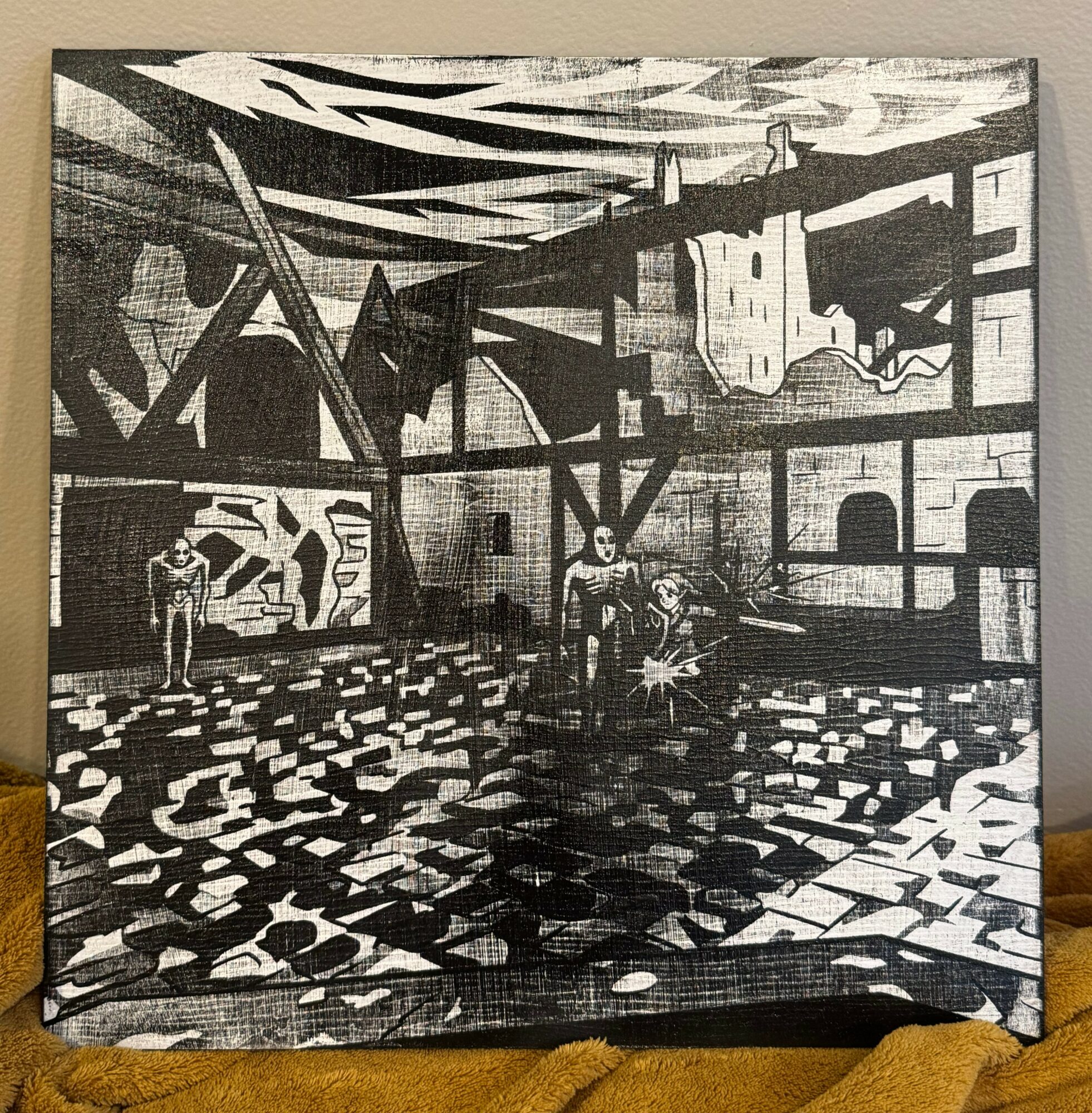 Black and white painting of people in an industrial setting with a patterned floor and structural beams.