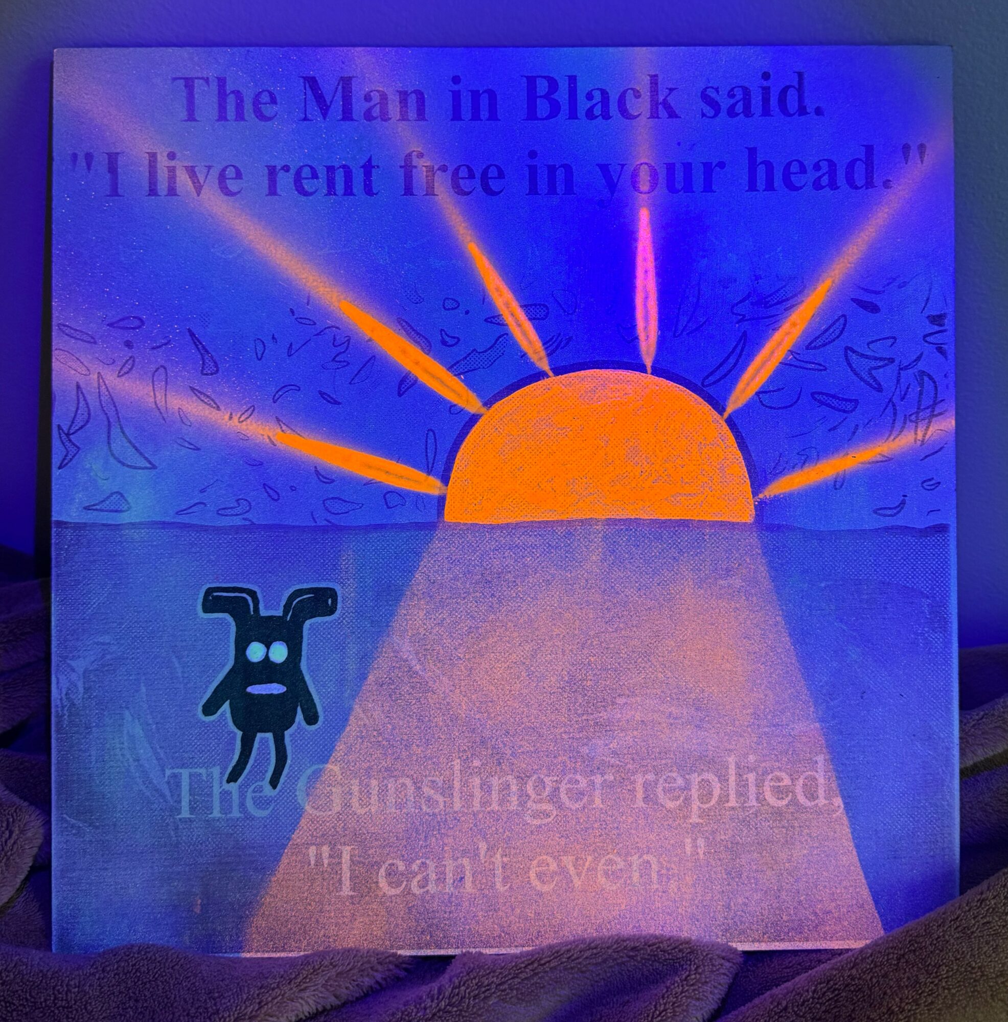 A sun with rays, a black dog, and text about a man in black and a sunshiner reply, on a blue background.