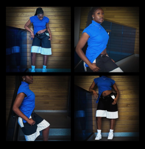 Four images of a woman in a blue shirt and black and white skirt, posing against a wooden wall background.