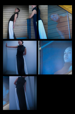 Six images of women in various poses, some behind glass or against walls, with a mix of indoor and outdoor backgrounds.
