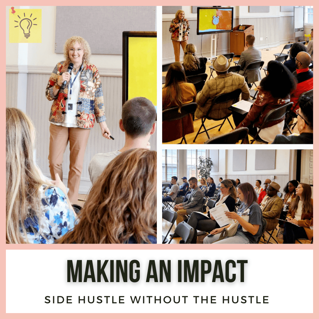 Woman giving presentation to audience in a conference room, with a slide and audience taking notes, in a collage layout.