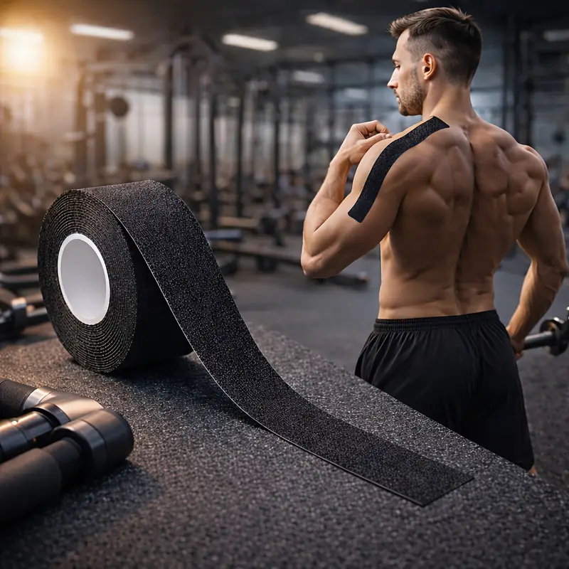 Muscular man in gym with black tape on shoulder, standing near black tape roll on workout bench, gym equipment in background.