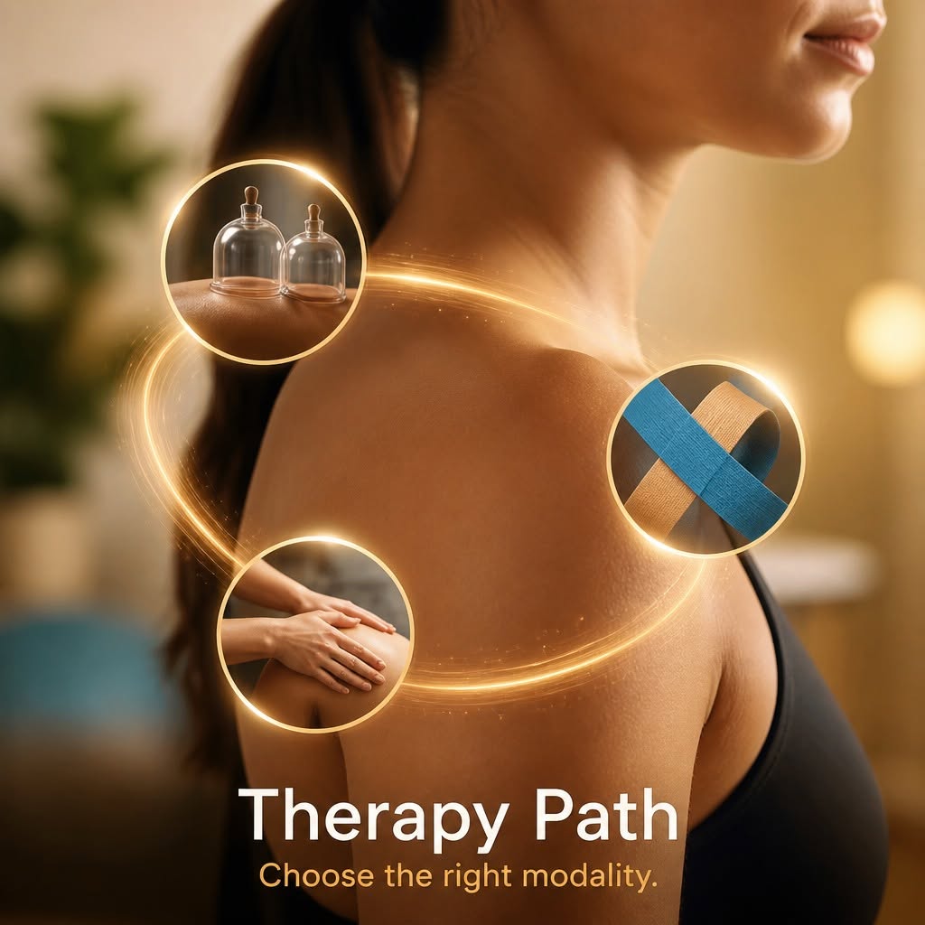Close-up of a woman's shoulder with therapy-related icons, including bottles, a bandage, and a hand, on a blurred background.