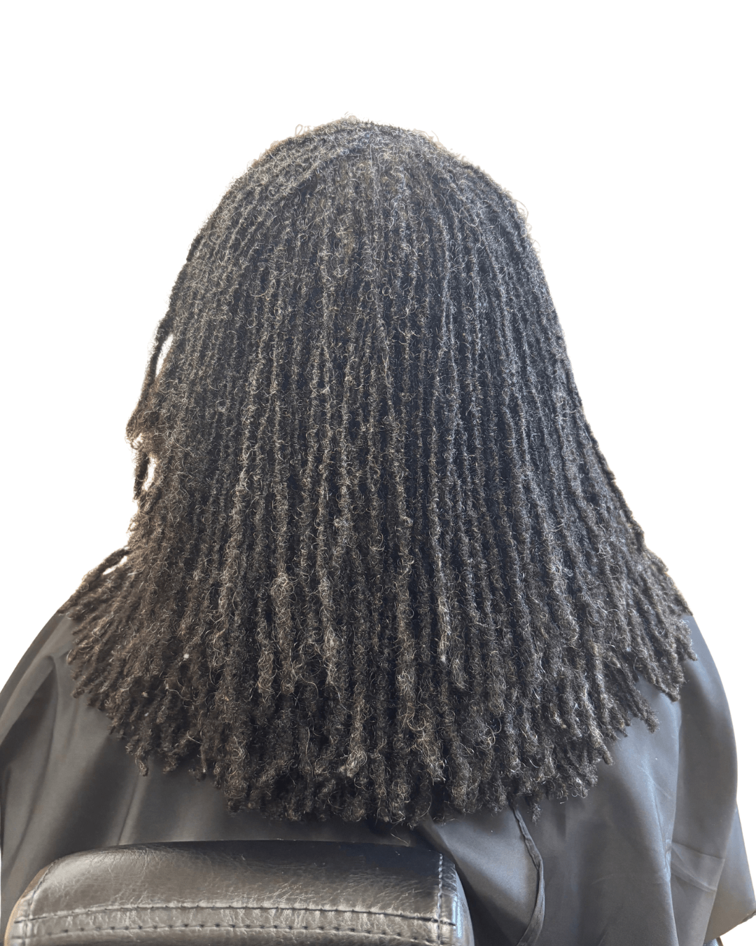 Back view of person with shoulder-length dreadlocks, wearing a dark jacket, sitting on a chair.